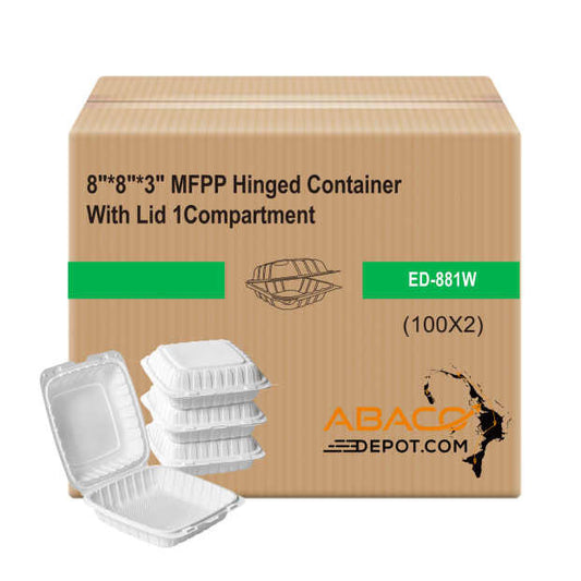 8"x8"x1" MFPP White Hinged Container With Lid 1 Compartment (Case of 200)