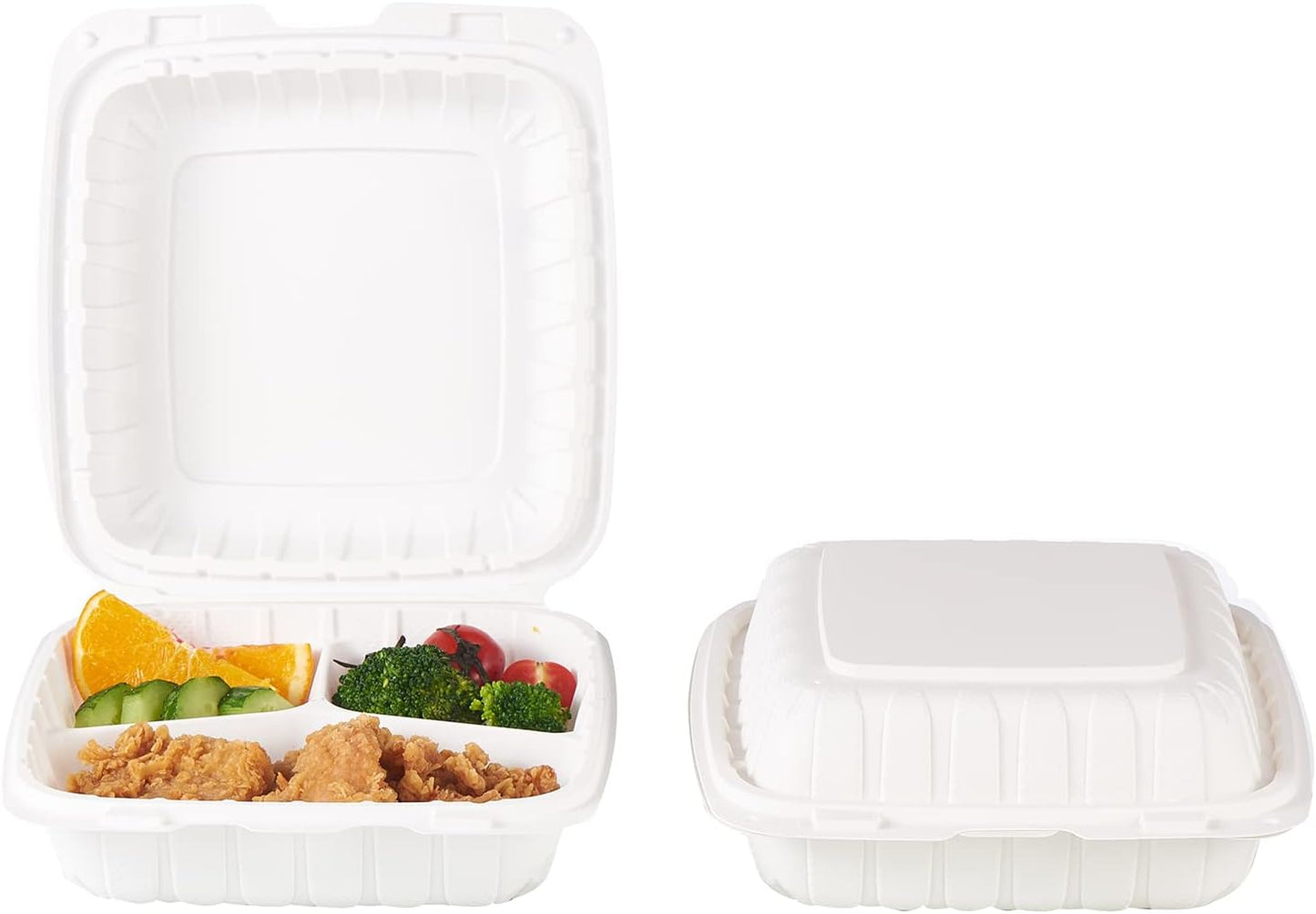 8"x8"X3" MFPP White Hinged Container With Lid 3 Compartment (Case of 200)